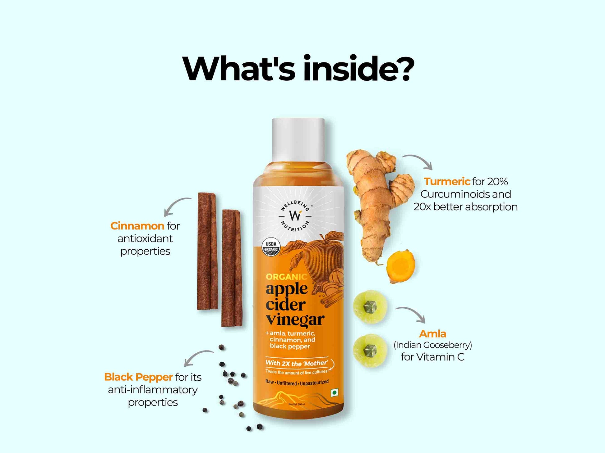 Wellbeing Nutrition Organic Apple Cider Vinegar with Amla, Turmeric, Cinnamon & Black Pepper