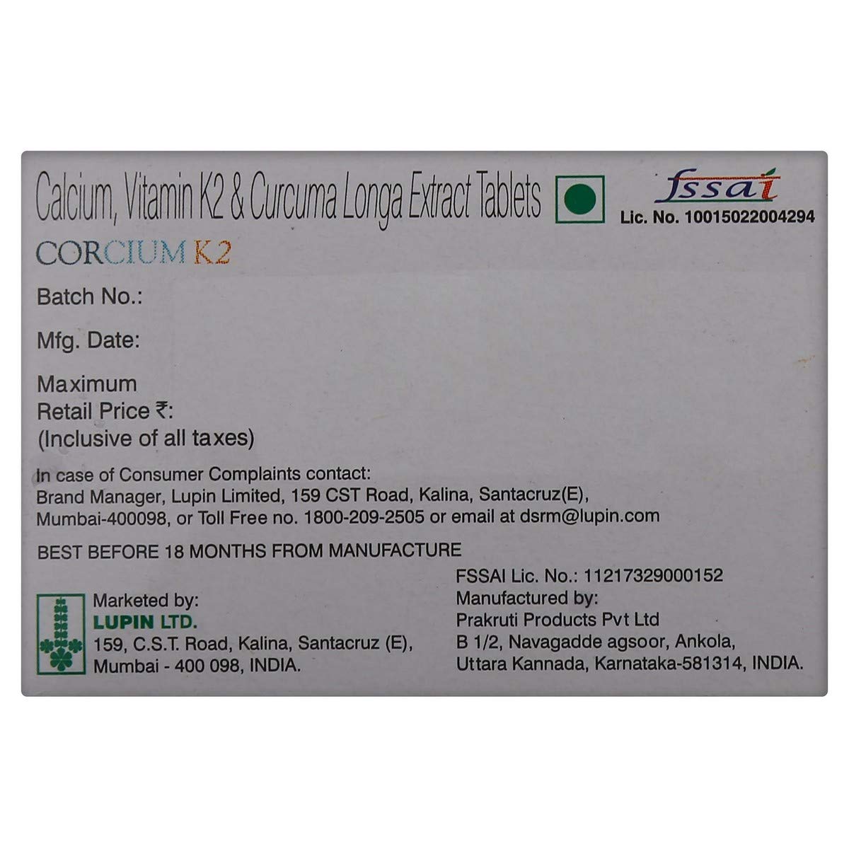 CORCIUM K2 - Strip of 10 Tablets