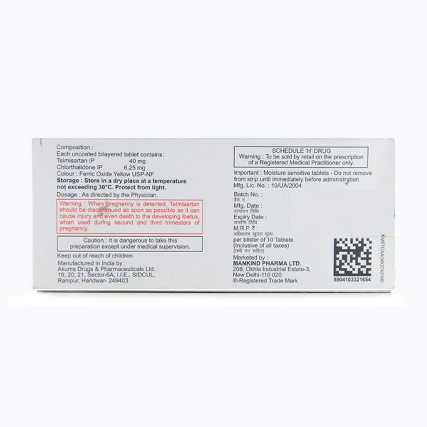 Telmikind-CT 40/6.25 -Strip of 10 Tablets