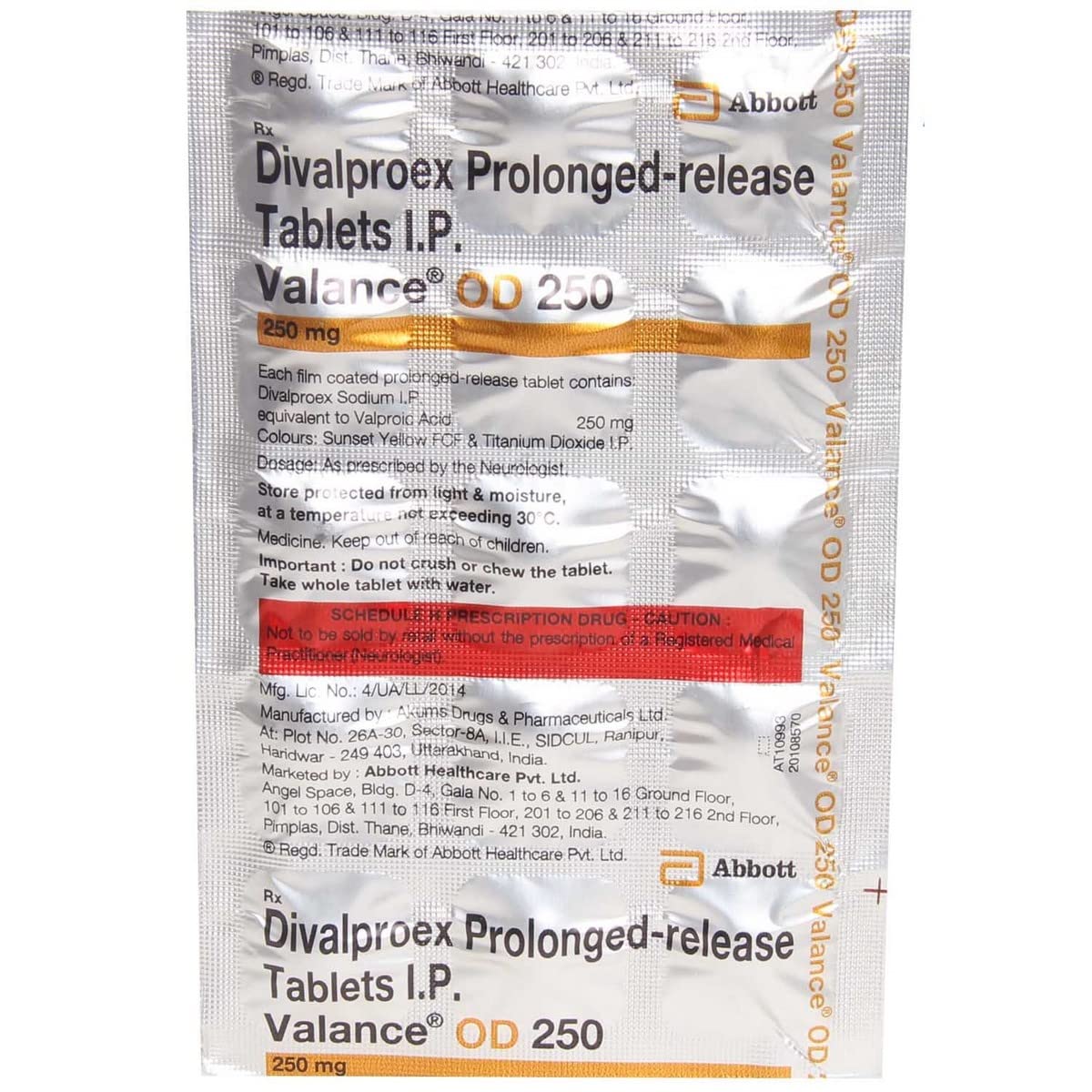 Valance OD 250MG - Strip of 15 Tablets