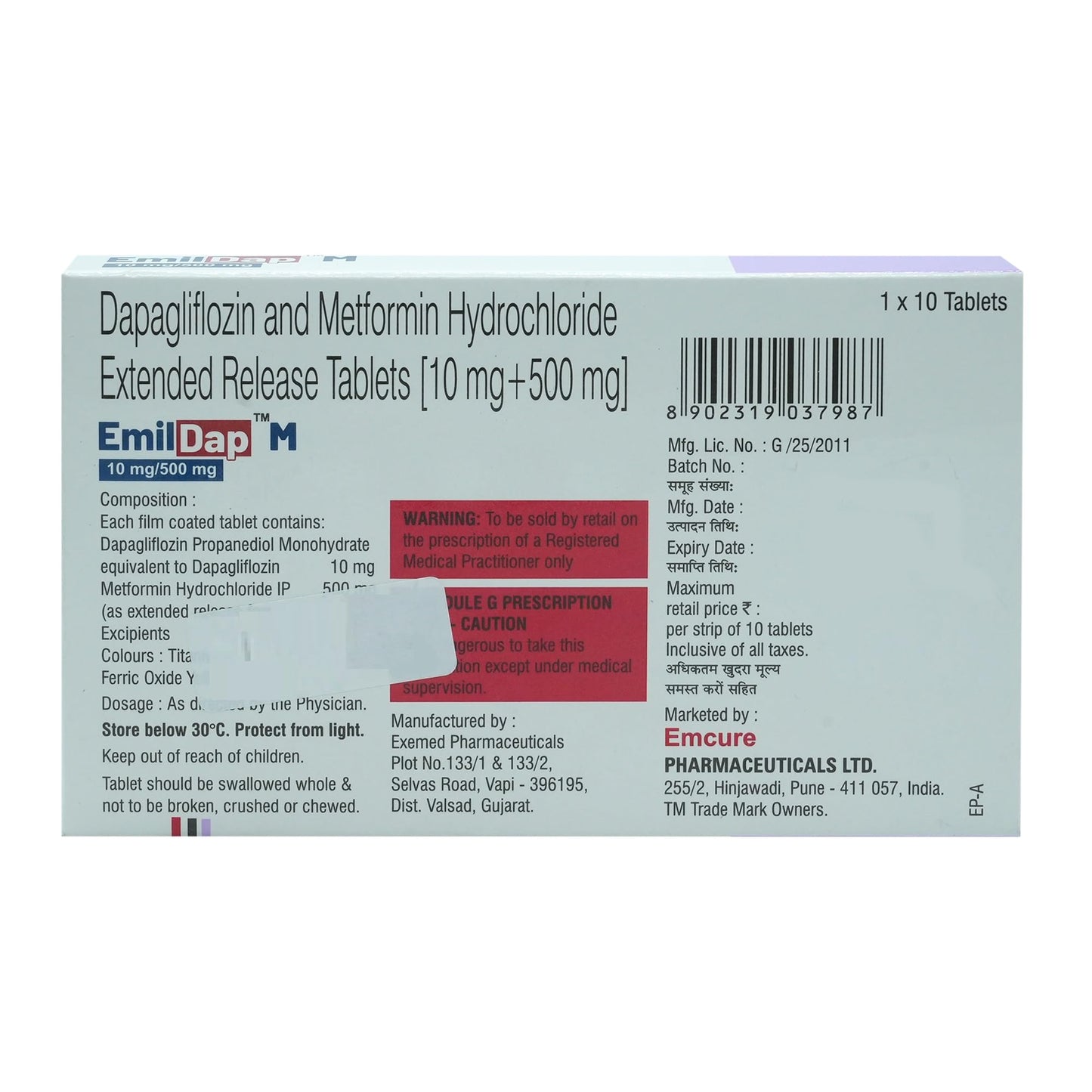 Emildap M 10/500mg - Strip of 10 Tablets