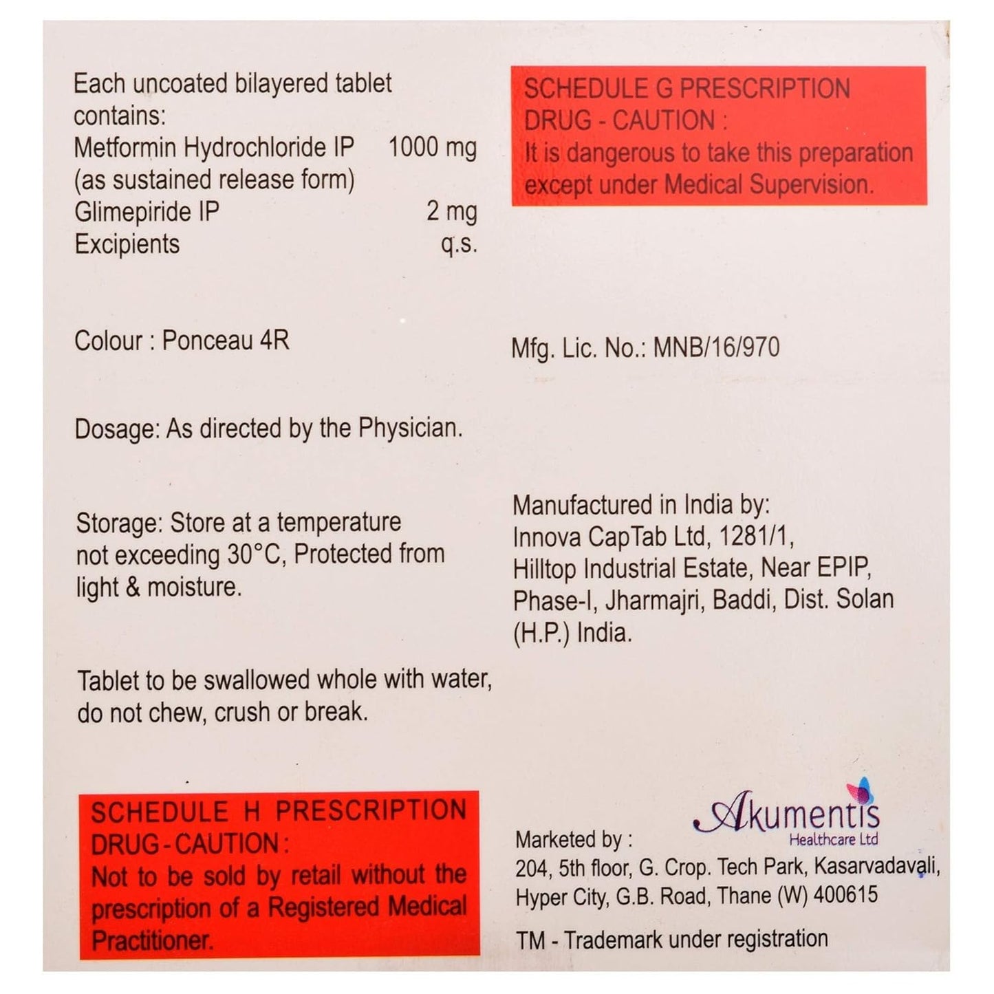 Switglim M 2/1000 - Strip of 15 Tablets