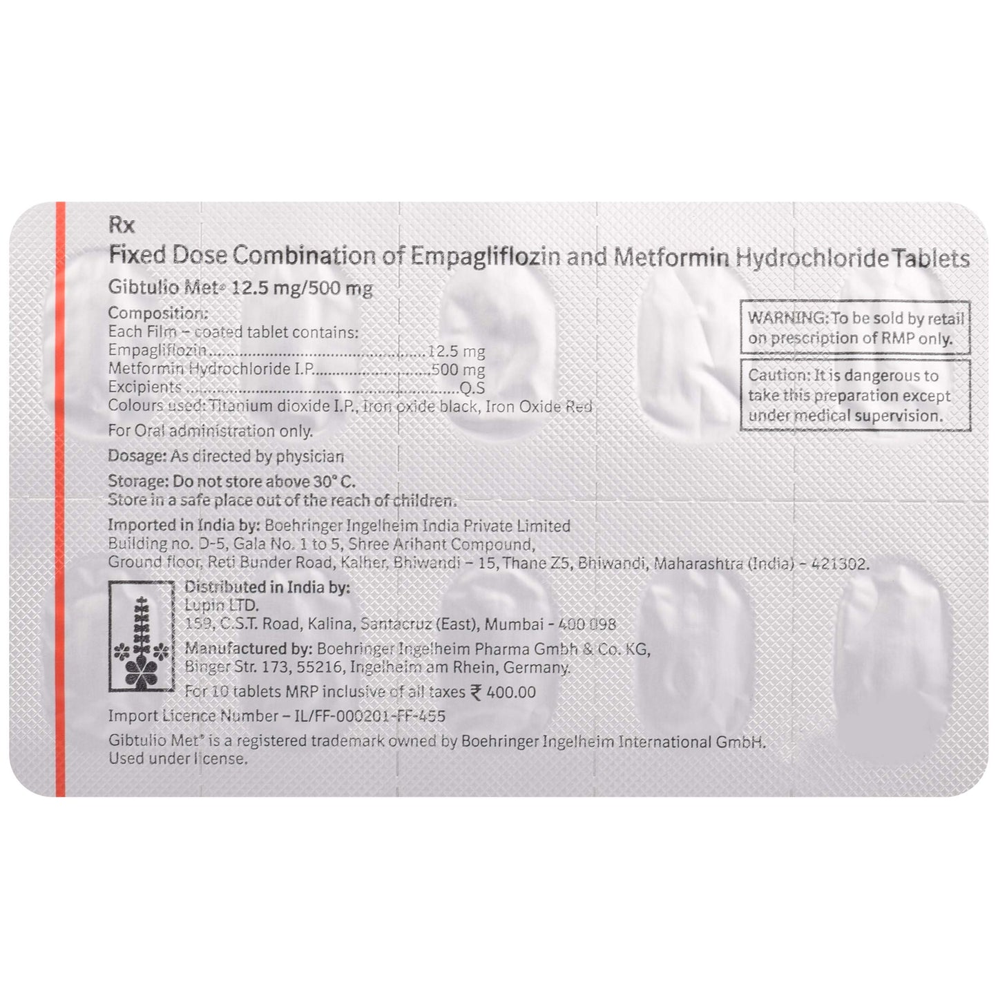 Gibtulio Met 12.5 mg/ 500 mg - Strip of 10 Tablets