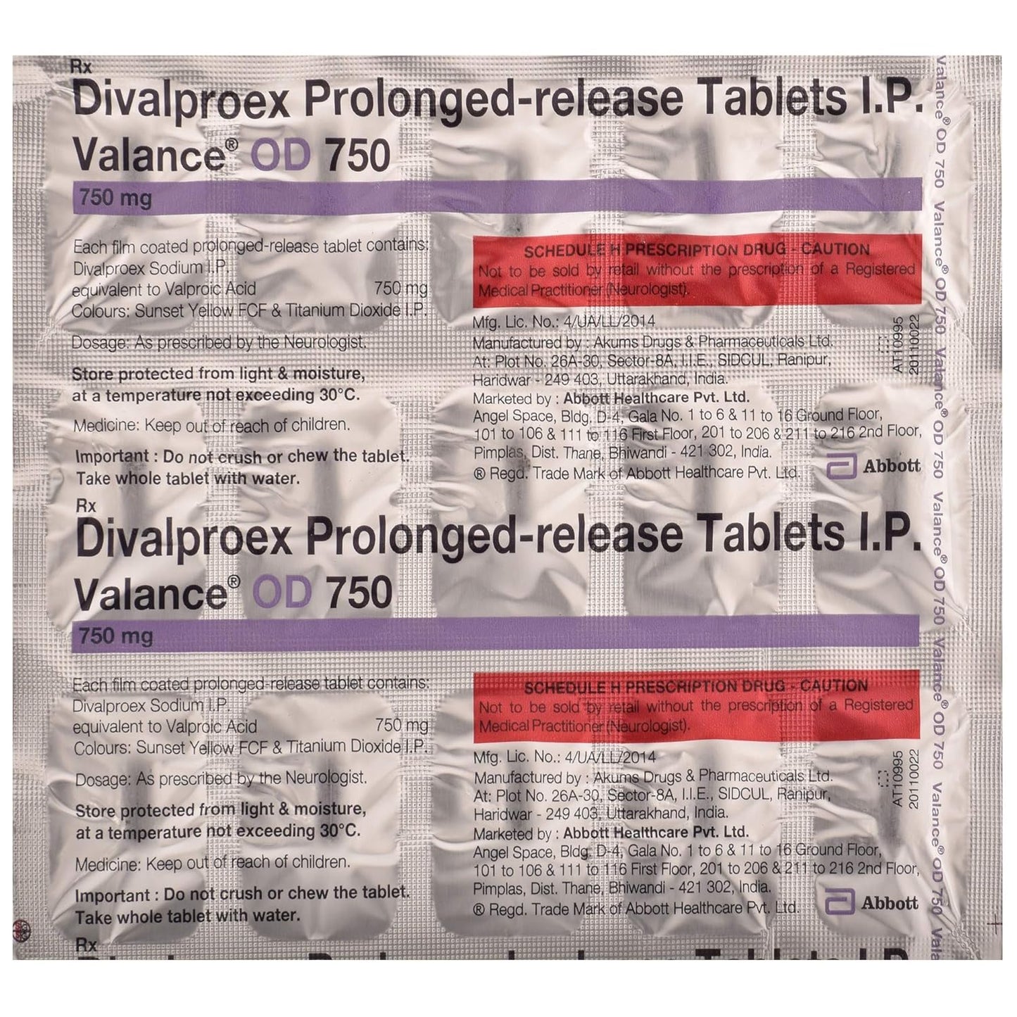 Valance OD 750 - Strip of 15 Tablets