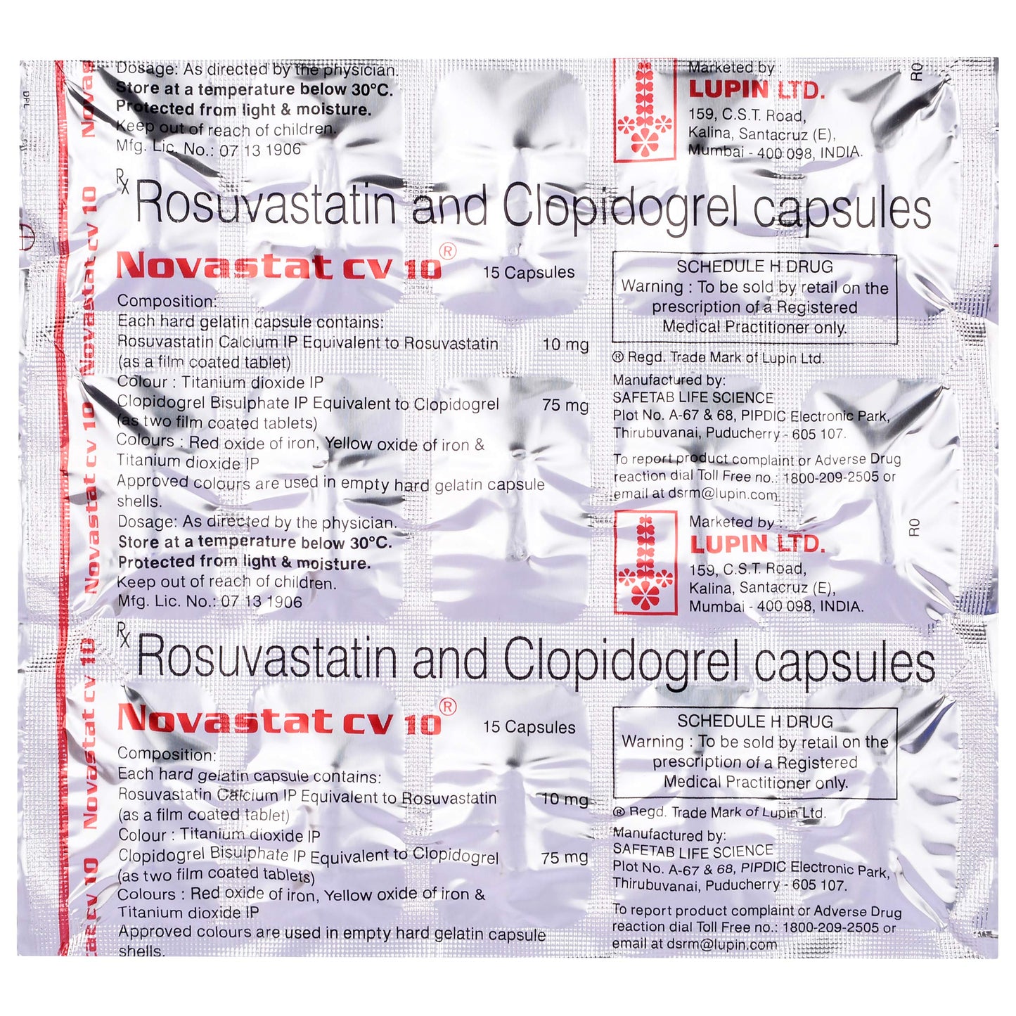 Novastat CV 10 - Strip of 15 Capsules